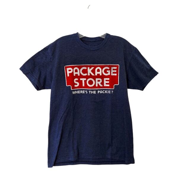 Vintage Package Store - Where's The Packie? Graphic T-Shirt Navy Blue VTG Tee - Picture 1 of 5